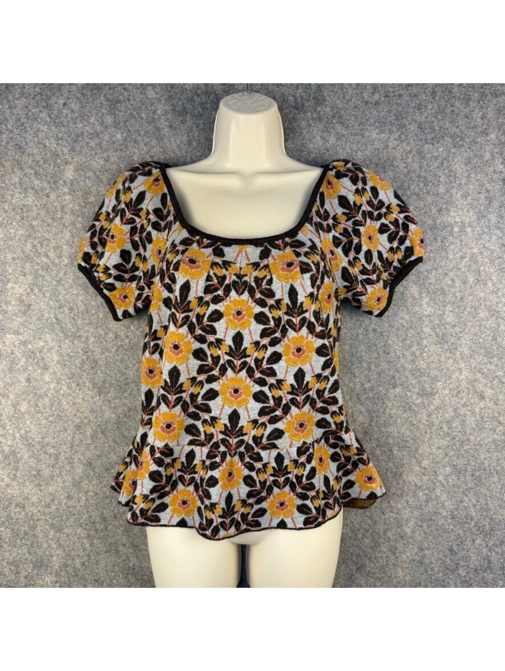 Anthropologie Moth Floral Peplum Short Puff Sleeve Sweater Size M Wool Blend 446